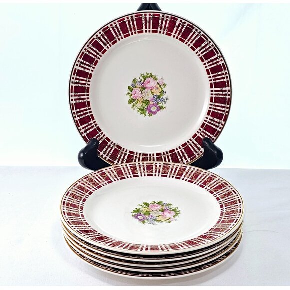 Homer Laughlin Piccadilly Dessert Bread Plates 6" 6pc red rim gold floral center - Picture 1 of 10